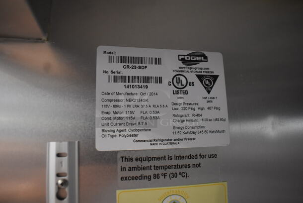 LIKE NEW! 2014 Fogel CR-23-SDF Stainless Steel Commercial Single Door Reach In Freezer. 115 Volts, 1 Phase. Unit Has Only Been Used a Few Times! Tested and Working! - Image 5 of 5