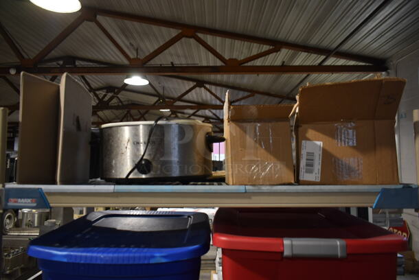 ALL ONE MONEY! Lot of 3 Tiers of Various Items Including Poly Bins, Slow Cooker and Boots. Does Not Include Shelving Unit. - Image 2 of 10