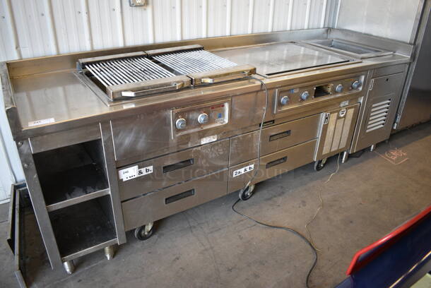 Wells Stainless Steel Commercial Work Station w/ Flat Top Griddle, Charbroiler, Well and Side Under Shelves. Does Not Come w/ Delfield 4 Drawer Chef Base: Goes GREAT w/ Item 246! 115 Volts, 1 Phase Refrigeration. 208-240 Volt, 3 Phase Heating. 114x36x34