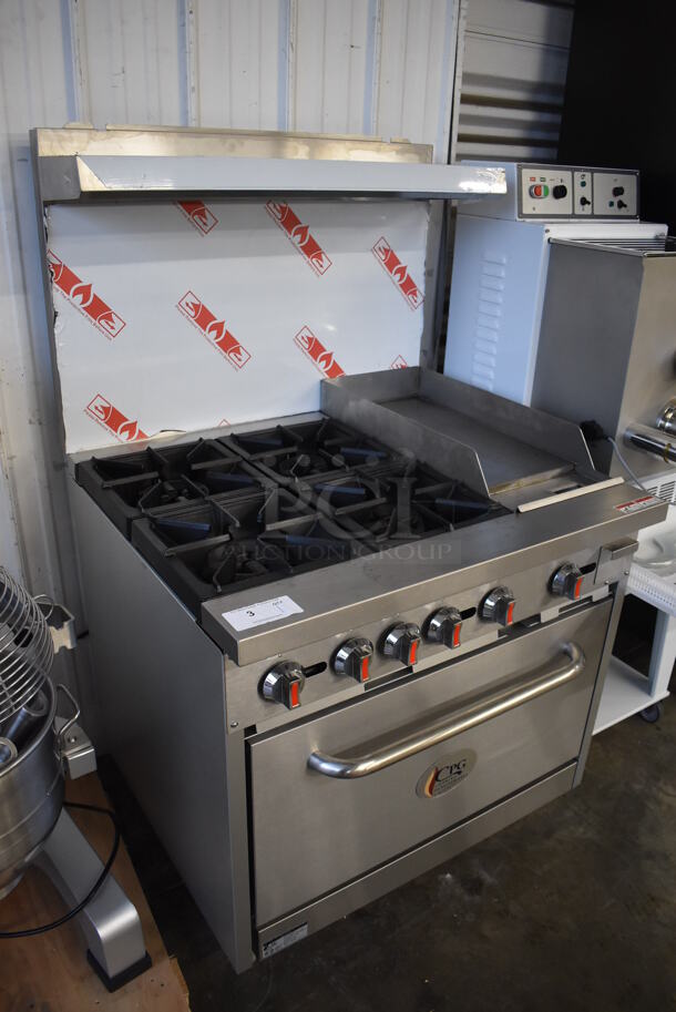 BRAND NEW SCRATCH AND DENT! CPG 351S36G12N Stainless Steel Commercial Natural Gas Powered 4 Burner Range with Right Side Griddle, Standard Oven, Over Shelf and Back Splash. 170,000 BTU. 36x33x61. Tested and Working! - Image 3 of 8