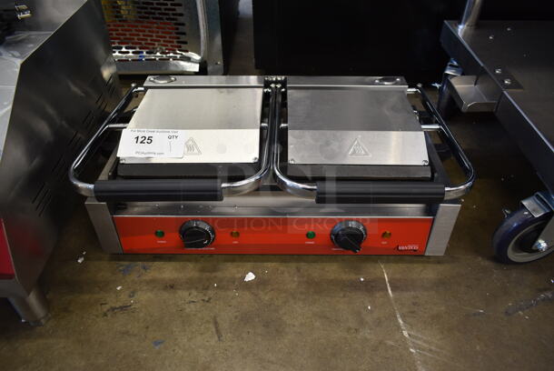 BRAND NEW SCRATCH AND DENT! 2022 Avantco 177PS58 Stainless Steel Commercial Countertop Double Panini Press. 120 Volts, 1 Phase. Tested and Working! - Image 1 of 6