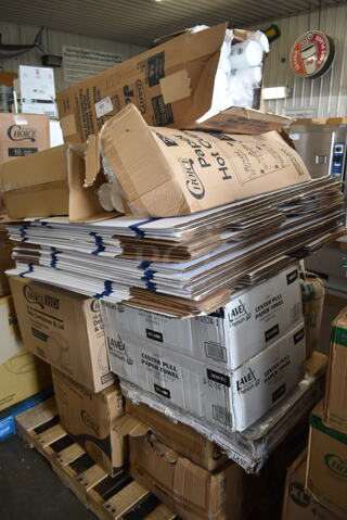 PALLET LOT of 15 BRAND NEW Boxes Including 6J6 White Customizable Foam Cup, 760SOUP16KFT Paper Food Cup, 128HD16COMBO Microwavable Translucent Plastic Deli Container, 3 Box 50CC16 Choice 16 oz Cups, 2 Box 5001CPTP Lavex 1-Ply Center Pull Paper Towel Roll 1000' - 6/Case. 15 Times Your Bid!