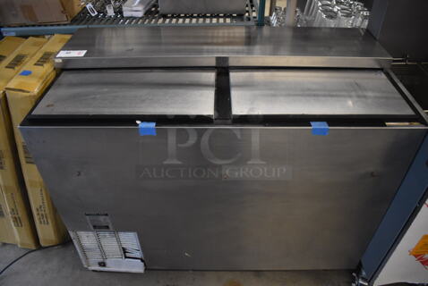 Perlick FR48SS Stainless Steel Commercial Bottled Back Bar Cooler w/ 2 Sliding Lids. 115 Volts, 1 Phase. 48x24.5x38. Cannot Test - Unit Needs New Plug Head