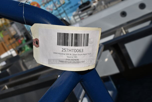 BRAND NEW SCRATCH AND DENT! Lavex 257HT0063 Blue Metal Steel Drum Hand Truck. 900 Pound Capacity. - Image 7 of 8