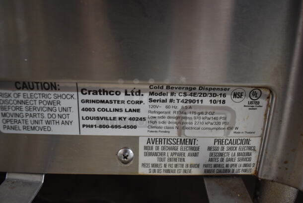 2018 Crathco CS-4E/2D/3D-16 Stainless Steel Commercial Countertop Beverage Dispenser Base. 120 Volts, 1 Phase. 20.5x16x18. Tested and Working! - Image 5 of 5