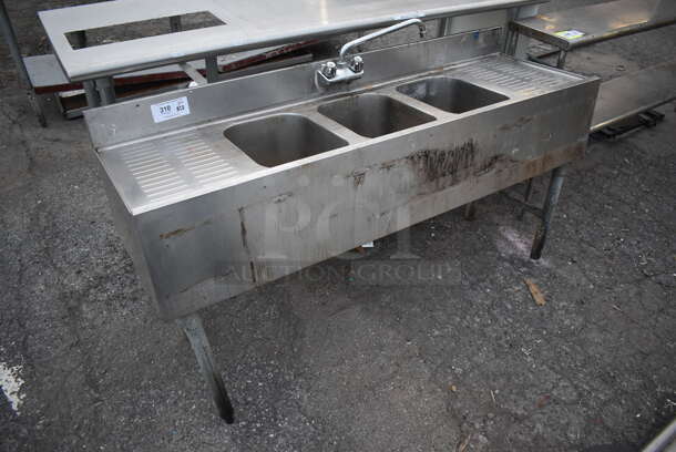 Stainless Steel 3 Bay Back Bar Sink w/ Dual Drain Boards, Faucet and Handles. 60x18x32. Bays 10x14x9. Drain Boards 11x16x1
