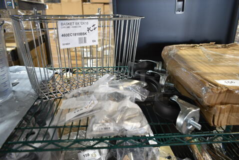 4 BRAND NEW SCRATCH AND DENT! Various Items Including 460EC1810BSK Regency Chrome Storage Basket for Wire Shelving - 17 3/8" x 7 1/2" x 10", 4 Commercial Casters, TableCraft Bullet Card Holder, BN-101. 4 Times Your Bid! 