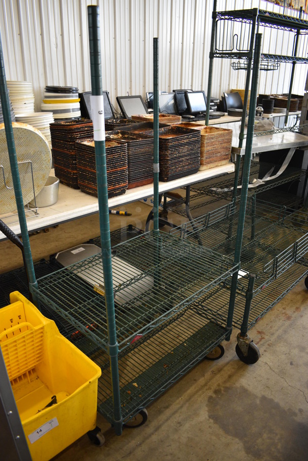 Metro Green Finish 2 Tier Shelving Unit on Commercial Casters. BUYER MUST DISMANTLE. PCI CANNOT DISMANTLE FOR SHIPPING. PLEASE CONSIDER FREIGHT CHARGES. 30x21x58.5