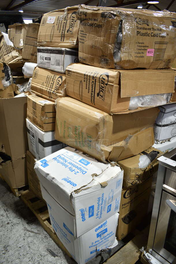 PALLET LOT of 20 BRAND NEW Boxes Including Moist Towelette, 2 Box 966TALLFLDN Choice Kraft Natural Tall-Fold 6" x 13" Dispenser Napkin - 8000/Case, 347RPBD10WHS Visions 10" White Plastic Plate with Silver Bands - 120/Case, 500TW7 Choice 7 oz. Translucent Thin Wall Plastic Cold Cup - 2500/Case, 2 Box 127RD16BULK Choice 16 oz. Customizable Microwavable Translucent Round Deli Container - 500/Case, 50012DWPLAKR EcoChoice 12 oz. Smooth Double Wall Kraft Compostable Paper Hot Cup - 500/Case, 2 Box 966UPWIDEB OneUp by Choice White 1-Ply Wide Interfold 6 1/2" x 8 1/2" Dispenser Napkin - 6000/Case, Choice 5 5/8" Crystal Clear Plastic Test Tube Shot / Shooter - 1000/Case, Dart 85HT3R 8" x 8" x 3" White Foam Three-Compartment Square Take Out Container with Perforated Hinged Lid - 200/Case, 347TCL9 Choice 9 oz. Clear Disposable Plastic Tumbler - 500/Case, 16RCLBLK Dart Optima Black Travel Lid. 20 Times Your Bid!  - Image 1 of 12