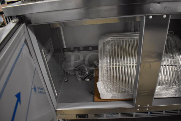 BRAND NEW SCRATCH AND DENT! Beverage Air SPE72HC-18 Stainless Steel Commercial Sandwich Salad Prep Table Bain Marie Mega Top w/ Racks and 18 Drop In Bins on Commercial Casters. 115 Volts, 1 Phase. 72x30x43. Tested and Working! - Image 9 of 12