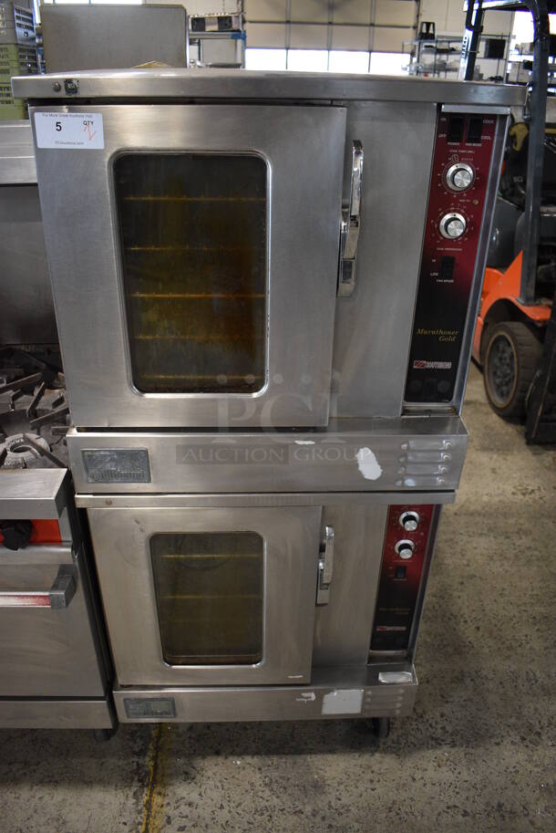 2 Southbend Marathoner Gold Stainless Steel Commercial Natural Gas Powered Half Size Convection Oven w/ View Through Door, Metal Oven Racks and Thermostatic Controls on Commercial Casters. 30x27x64.5. 2 Times Your Bid!