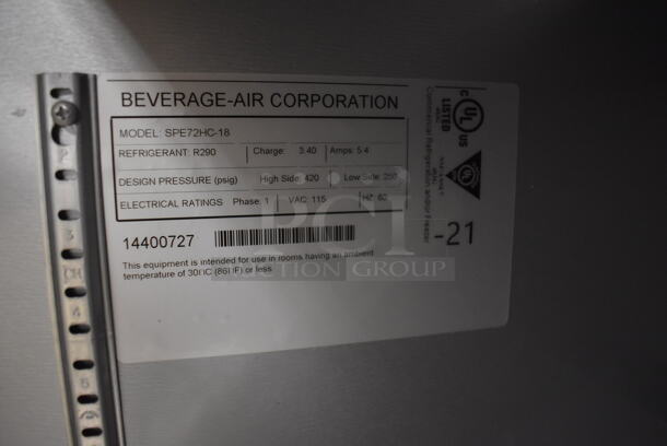 BRAND NEW SCRATCH AND DENT! Beverage Air SPE72HC-18 Stainless Steel Commercial Sandwich Salad Prep Table Bain Marie Mega Top w/ Racks and 18 Drop In Bins on Commercial Casters. 115 Volts, 1 Phase. 72x30x43. Tested and Working! - Image 10 of 12