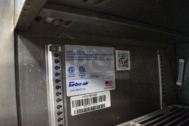 Turbo Air Model MST-28-711S Stainless Steel Commercial Single Door Work Top Cooler w/ Drop In Bins and Sneeze Guard on Commercial Casters. 115 Volts, 1 Phase. 28x31x62. Tested and Working! - Image 5 of 5