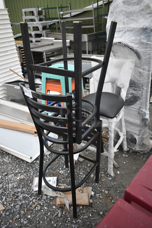 3 BRAND NEW SCRATCH AND DENT! Lancaster Table & Seating Black Metal Bar Height Chair Frame; 1 164BCROSSCFR Cross Back and 2 164BMTLADFR Ladder Back. 3 Times Your Bid!  - Image 2 of 8