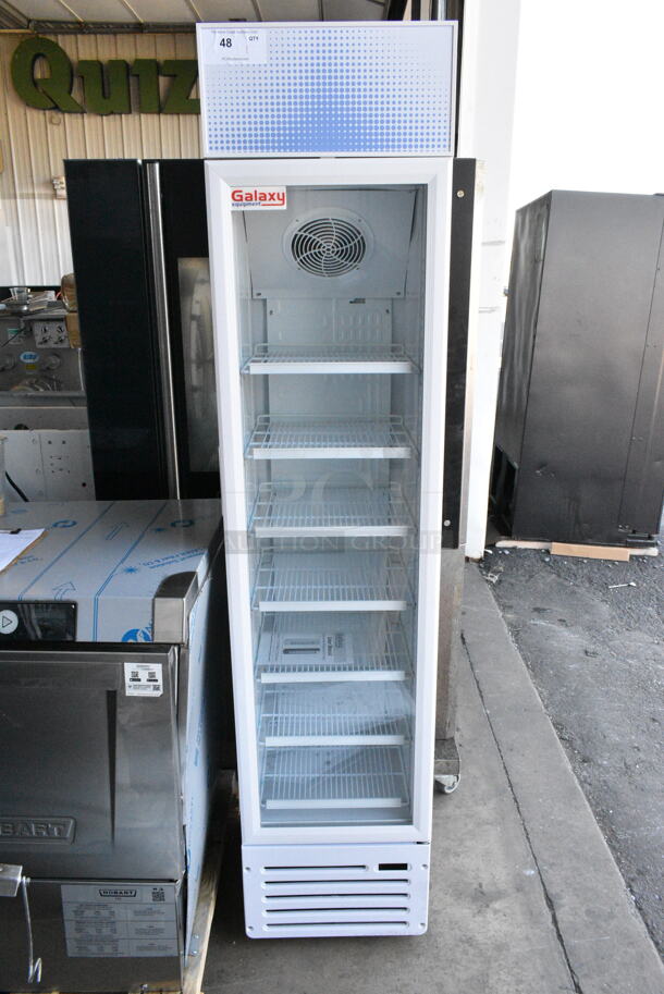 BRAND NEW SCRATCH AND DENT! Galaxy 177GDN5RBW Metal Commercial Single Door Reach In Cooler Merchandiser w/ Poly Coated Racks and Red, White, and Blue LED Lighting. 110-120 Volts, 1 Phase. Tested and Working! - Image 1 of 5