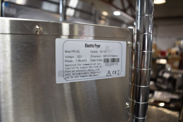 BRAND NEW SCRATCH AND DENT! 2023 Hoocoo FRY-20L Stainless Steel Commercial Countertop Electric Powered 2 Bay Deep Fat Fryer w/ 2 Metal Baskets and 2 Lids. 120 Volts, 1 Phase.
 - Image 9 of 9