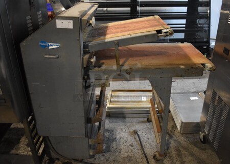 Moline Metal Commercial Floor Style Dough Sheeter on Commercial Casters. 115 Volts, 1 Phase. 55x32x61. Tested and Working!