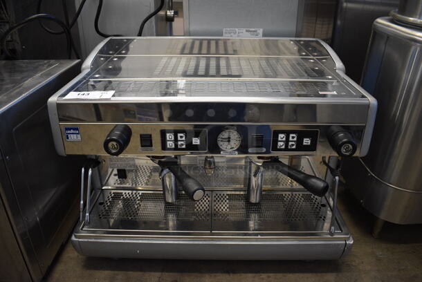 LavAzza Stainless Steel Commercial Countertop 2 Group Espresso Machine w/ 2 Portafilters and 2 Steam Wands. 208 Volts, 1 Phase. 29x20x21