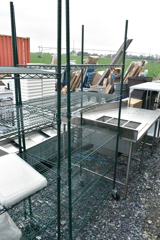 Green Finish 5 Tier Wire Shelving Unit on Commercial Casters. BUYER MUST DISMANTLE. PCI CANNOT DISMANTLE FOR SHIPPING. PLEASE CONSIDER FREIGHT CHARGES.  - Image 1 of 3
