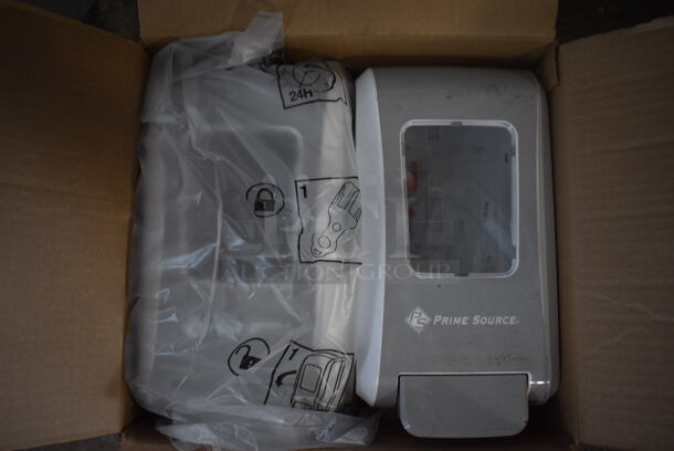 12 BRAND NEW IN BOX! Prime Source Gray and White Poly Wall Mount Soap Dispenser. 6.5x4.5x12. 12 Times Your Bid!