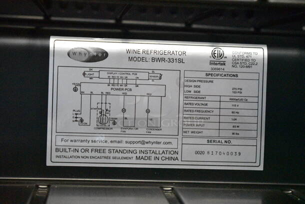 BRAND NEW SCRATCH AND DENT! Whynter BWR-331SL Elite 33 Bottle Seamless Stainless Steel Door Single Zone Built-in Wine Refrigerator Merchandiser. 115 Volt, 1 Phase. Tested and Working! - Image 5 of 5