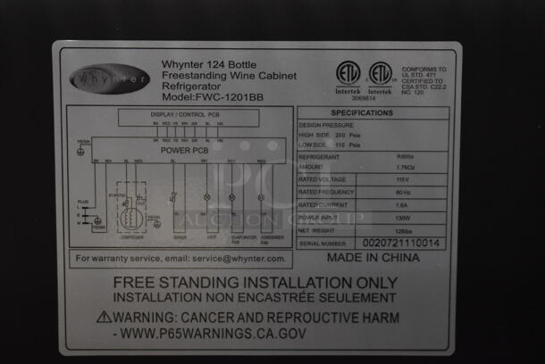 BRAND NEW SCRATCH AND DENT! Whynter FWC-1201BB Metal Commercial Single Door Reach In Wine Chiller Merchandiser. 110 Volts, 1 Phase. 23.5x22.5x55. Tested and Working! - Image 6 of 6