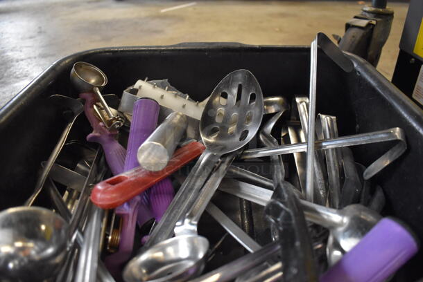 ALL ONE MONEY! Lot of Various Utensils Including Scoopers and Spoodles in Black Poly Bus Bin - Image 2 of 4