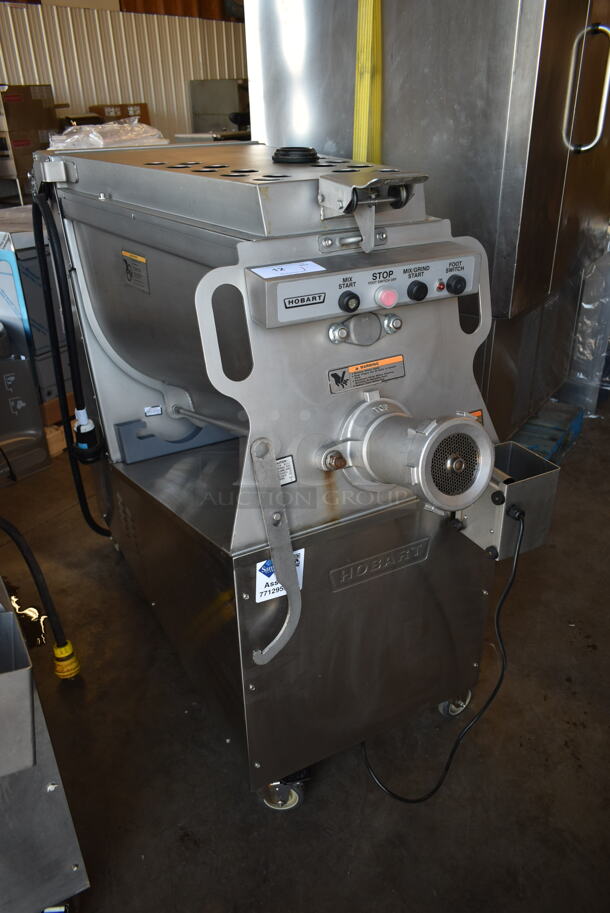 2017 Hobart MG2032 Metal Commercial Floor Style Electric Powered Meat Mixer Grinder w/ Foot Pedal on Commercial Casters. 208 Volts, 3 Phase.