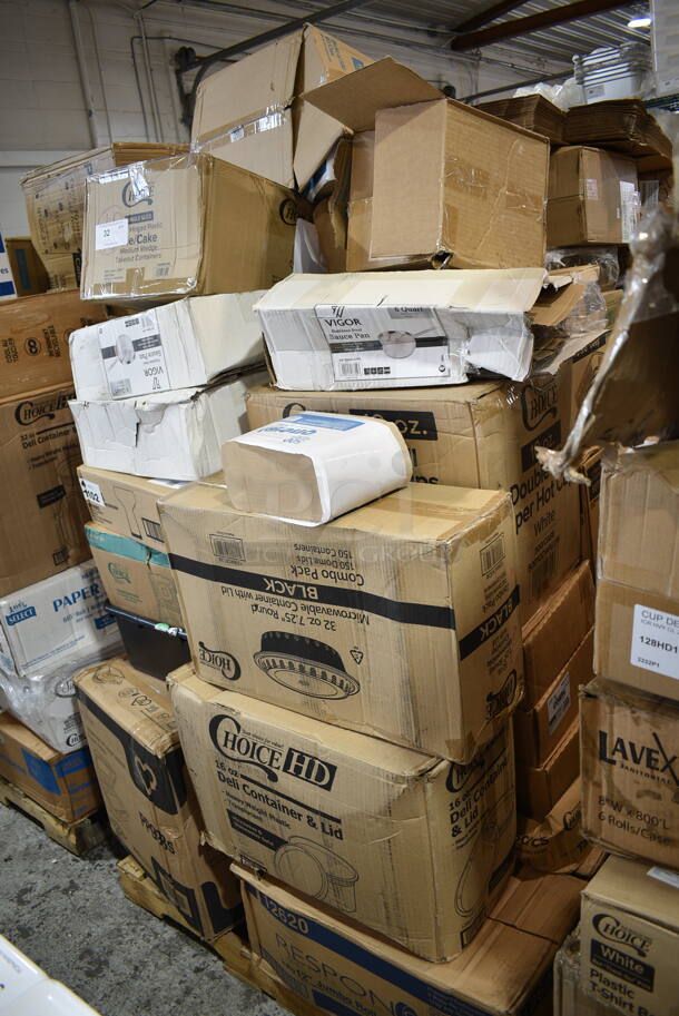 PALLET LOT of 36 BRAND NEW Boxes Including TN20 Solo Ultra Clear™ TN20 20 oz. Clear Straight Wall PET Plastic Cold Cup - 1000/Case, 760IC06B Choice 6 oz. Blue Paper Frozen Yogurt / Food Cup - 1000/Case, 130IC20BL500 Choice 20 lb. Blue Heavy Duty Plastic Ice Bag - 500/Case, 433MSLCPIE Choice 5" Clear Hinged Slice Container with Medium Dome Lid - 300/Case, 0 OneUp by Choice Kraft 2-Ply Wide Interfold 6 1/2" x 8 1/2" Dispenser Napkin - 6000/Case, Vigor 473SSAUCP6 6 Qt. Stainless Steel Sauce Pan with Aluminum-Clad Bottom and Cover, Libbey 1102 Symbio 14 oz. Customizable Coupe Glass - 12/Case, 471SAUC3QT Choice 2.75 Qt. Tapered Aluminum Sauce Pan, 129MCR32B Choice 32 oz. Black Round Microwavable Heavy Weight Container with Lid 7 1/4" - 150/Case, 128HD16COMBO ChoiceHD 16 oz. Microwavable Translucent Plastic Deli Container and Lid Combo Pack - 240/Case, SBTG3 Dart TamperGuard 3-Compartment Tamper-Resistant, Tamper-Evident Container - 300/Case, Response 12620 2-Ply Jumbo 1750' Toilet Paper Roll with 12" Diameter - 6/Case, 3 Box Lavex Li'l Herc 55-60 Gallon 1.2 Mil 38" x 58" Low Density Medium-Duty Black Trash Bag / Can Liner - 100/Case, 612FFL1230 Choice Foil Steam Table Pan Lid - Full Size - 50/Case. 36 Times Your Bid! - Image 1 of 12
