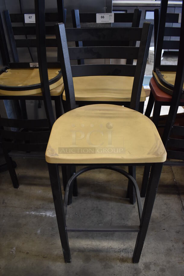 2 Black Metal Bar Height Chairs w/ Yellow Seats. 18.5x18x43.5. 2 Times Your Bid!