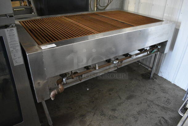 Stainless Steel Commercial Natural Gas Powered Floor Style Charbroiler Grill on Metal Legs. 71.5x42x37
