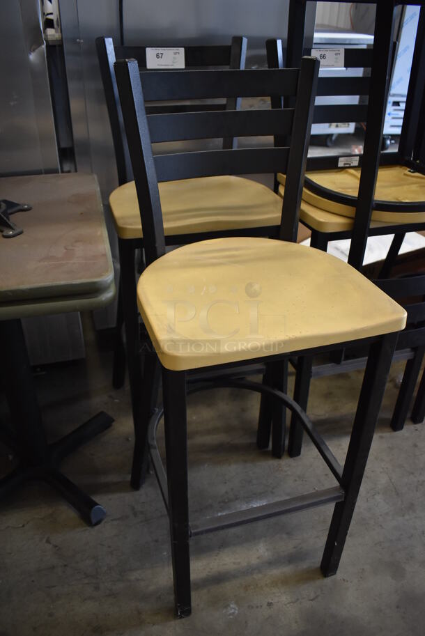 2 Black Metal Bar Height Chairs w/ Yellow Seats. 18.5x18x43.5. 2 Times Your Bid! - Image 2 of 4