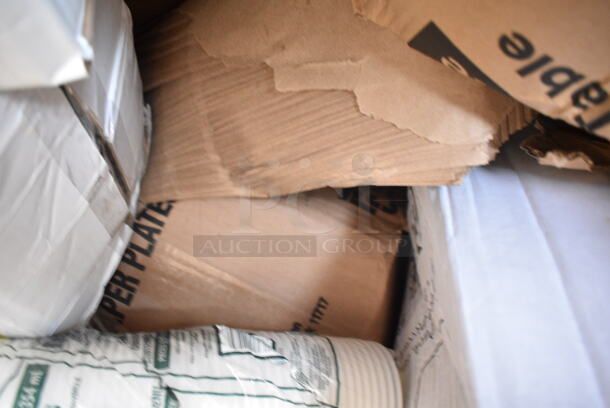 PALLET LOT of 20 BRAND NEW Boxes Including 176BSKT128BK Choice 12" x 8 1/2" x 1 1/2" Black Rectangular Plastic Fast Food Basket - 12/Pack, 612FHL1230 Choice Foil Steam Table Pan Lid - Half Size - 100/Case, 966TALLFLDN Choice Kraft Natural Tall Fold Dispenser Napkin, 427TB2230 Lancaster Table & Seating Excalibur 22" x 30" Cross Outdoor Table Base Plate, 500LDOME Choice 9 oz., 12 oz., 16 oz., 20 oz., 24 oz. Clear Dome Lid with 1" Hole - 1000/Case, 500CC9 Choice 9 oz. Clear PET Customizable Plastic Squat Cold Cup - 1000/Case, 4 Box 130WSPOON Choice Medium Weight White Plastic Teaspoon - 1000/Case, Dart 205HT1 White Foam Take Out Container with Perforated Hinged Lid 9" x 6" x 3" - 200/Case. 20 Times Your Bid! - Image 11 of 12