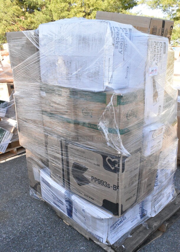 25 BRAND NEW Boxes Including 2 Box 395RP07 EcoChoice No PFAS Added Bamboo / Bagasse Blend 7" Plate - 1000/Case, MFHL8833CBLW Hinged Lid Containers, 2 Box Dart 90HTPF3R 9" x 9" x 3" White Foam Three-Compartment Square Take Out Container with Hinged Lid - 200/Case, 500CC20 Choice Clear PET Customizable Plastic Cold Cup - 20 oz. - 600/Case, 485CBW Choice 8" White Plastic Soda / Sundae Spoon - 1000/Case, 760SOUP6WPA Choice 6 oz Paper Hot Food Cups, 130BKFKSNSPX500 Choice Black Extra Heavy Weight Wrapped Plastic Cutlery Pack with Napkin and Salt and Pepper Packets - 500/Case, 5002BNAPWH Choice 2-Ply White Beverage / Cocktail Napkin - 3000/Case, 395RP06PF BAMBOO 9" ROUND PLATE 500/CS, 129MCR32B Choice 32 oz. Black Round Microwavable Heavy Weight Container with Lid 7 1/4" - 150/Case, 500CC10 Choice 10 oz. Clear PET Plastic Cold Cup - 1000/Case, Dart ClearPac SafeSeal 8 oz. Tamper-Resistant, Tamper-Evident Hinged Container with Flat Lid - 200/Case, 394325L Noble NexGen Powder-Free Disposable Blue Hybrid 3 Mil Thick Gloves - Large - 1000/Case, 4 Box 394345M Noble NexGen Powder-Free Disposable Black Hybrid 3 Mil Thick Gloves - Medium - 1000/Case. 25 Times Your Bid!  - Image 1 of 12