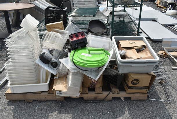 ALL ONE MONEY! Pallet Lot of Plastic Drop-In Bins and Lids, Vitamix, Salad Spinner, 6-Outlet Surge Protector Power Strip, Commercial Casters, AND MORE! 