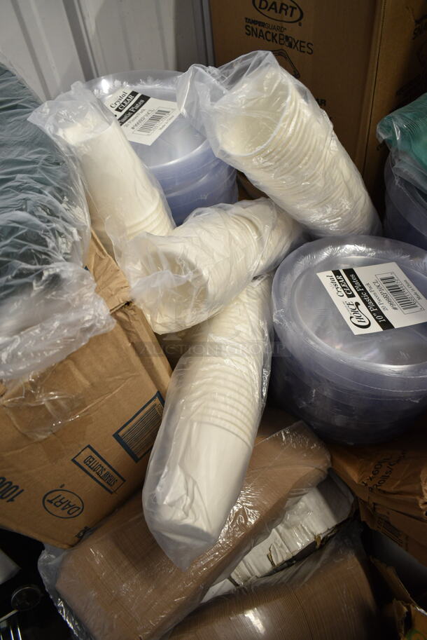 PALLET LOT of 19 BRAND NEW Boxes Including 130GH Spoons, 999RP10CL Choice Crystal 10" Clear Plastic Plate - 20/Pack, SBTGRL Dart TamperGuard Recessed Lid for Tamper-Resistant, Tamper-Evident Containers - 300/Case, 8 oz Flower Sno Cone Cups, 5001RT600B Lavex White Hardwound Paper Towel, 600 Feet / Roll - 12/Case, Environ Forks, Fineline 17CKFSKPPS Wrapped Cutlery Kit. 19 Times Your Bid! - Image 5 of 12