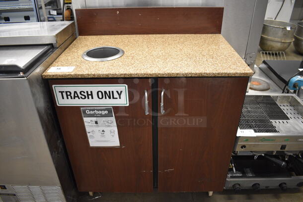 Wood Pattern Counter w/ Back Splash, 2 Doors, Trash Deposit Hole and Trash Can. 32.5x22x40