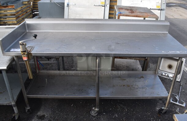 Stainless Steel Table w/ Mounted Commercial Can Opener, Back Splash and Under Shelf on Commercial Casters. 84x32x47
