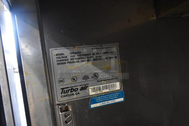 Turbo Air TPR-67SD Stainless Steel Commercial Pizza Prep Table on Commercial Casters. 115 Volts, 1 Phase. Tested and Powers On But Does Not Get Cold
 - Image 7 of 8