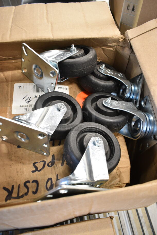 3 BRAND NEW SCRATCH AND DENT! Items Including 460BLKMOBSET Regency 5" Black Polyurethane Swivel Shelving Stem Casters - 4/Pack, 190RA40CSTR 4" High-Temp Swivel Plate Caster with Built-In Zerk Grease Fitting. 3 Times Your Bid!  - Image 5 of 8