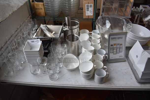ALL ONE MONEY! Lot of Items on Tabletop Including Material, Poly Bucket, Ceramic Mugs and Wine Glasses and Metal Bins - Image 4 of 12