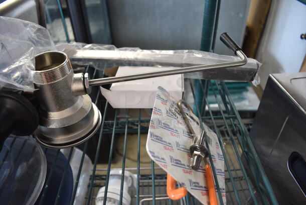 ALL ONE MONEY! Three Tier Lot of Various Items Including Blue Poly Bins, Seat Cushion, Metal Convection Oven Legs, Sink Pieces, Glass Dome Lid, 600IB2124LID Regency Stainless Steel Sliding Lid for 21" x 24" Underbar Ice Bin, Acopa Platters.  - Image 3 of 12