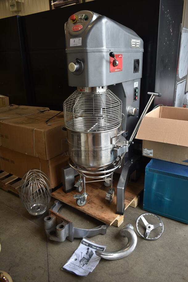 BRAND NEW SCRATCH AND DENT! Avantco 177MX60 Metal Commercial Floor Style 60 Quart Planetary Dough Mixer w/ Stainless Steel Mixing Bowl, Bowl Guard, Extra Bowl Support Piece, Dolly, Dough Hook, Paddle and Whisk Attachments. 240 Volts, 3 Phase. Tested and Working! - Image 1 of 12