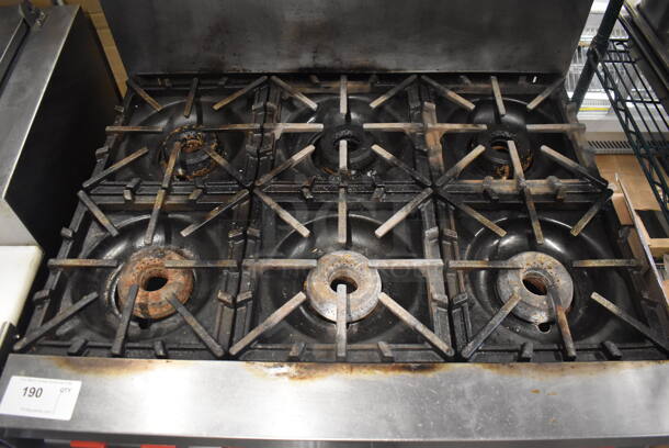 Vulcan Stainless Steel Commercial Natural Gas Powered 6 Burner Range w/ Oven, Over Shelf and Back Splash. 36x30x60 - Image 4 of 6