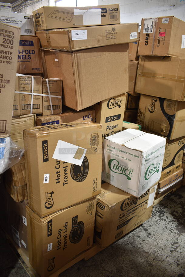 PALLET LOT of 32 BRAND NEW Boxes Including 347RPBD10WHS Visions 10" White Plastic Plate with Silver Bands - 120/Case, Choice Medium Weight White Sporks, 500MFT Lavex White M-Fold (Multifold) Towel - 4000/Case, 3 Box E301455400 Leather Conditioner, 2 Box Choice Hot Cup Travel Lids, 500TW5 Choice 5 oz. Translucent Thin Wall Plastic Cold Cup - 2500/Case, 966TALLFLDB Choice White Tall-Fold 6" x 13" Dispenser Napkin - 8000/Case, 128HD8COMBO ChoiceHD 8 oz. Microwavable Translucent Plastic Deli Container and Lid Combo Pack - 240/Case, Ceramic Pizza Trays, 612FFL1230 Choice Foil Steam Table Pan Lid - Full Size - 50/Case, 395TO881 EcoChoice 8" x 8" x 3" Compostable Sugarcane / Bagasse 1 Compartment Take-Out Box - 200/Case, 129MCR24B Choice 24 oz. Black Round Microwavable Heavy Weight Container with Lid 7 1/4" - 150/Case. 32 Times Your Bid!  - Image 1 of 12