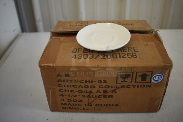 72 BRAND NEW IN BOX! Chicago White Ceramic Saucers. 4.5x4.5x1. 72 Times Your Bid!