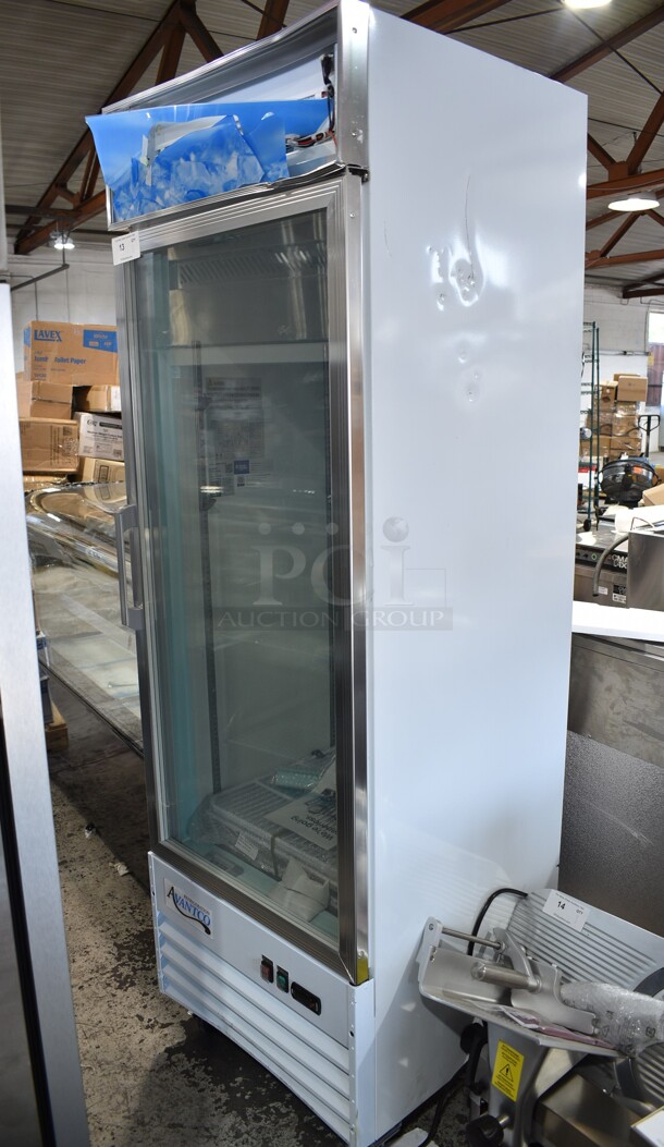 BRAND NEW SCRATCH AND DENT! 2023 Avantco 178GDC12FHCW Metal Commercial Single Door Reach In Cooler Merchandiser w/ Poly Coated Racks on Commercial Casters. 115 Volts, 1 Phase. Tested and Working! - Image 2 of 6