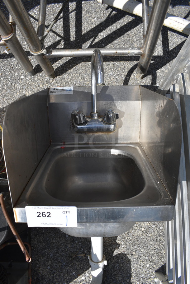 Stainless Steel Commercial Single Bay Wall Mount Sink w/ Faucet, Handles and Side Splash Guards. 13x17.5x20
