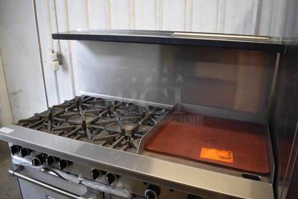 BRAND NEW SCRATCH AND DENT! Garland G60-6G24RR Stainless Steel Commercial Natural Gas Powered 6 Burner Range w/ Right Side Flat Top Griddle, 2 Ovens, Over Shelf and Back Splash. Missing 1 Leg and 1 Leg Is Bent. 310,000 BTU. 59x34x59. Tested and Working! - Image 2 of 11