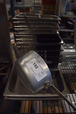 ALL ONE MONEY! Lot of Various Items Including Metal Sauce Pot, 5 Poly Drop In Bins, Poly Pitcher and 9 Stainless Steel 1/3 Size Drop In Bins